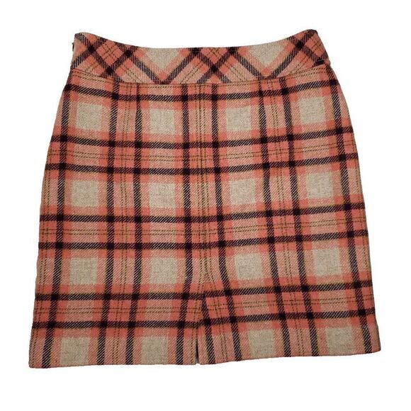 LL Bean Wool Plaid Tartan Skirt 14 Petite Straight Coral Orange Pink Wine Preppy - Picture 2 of 5